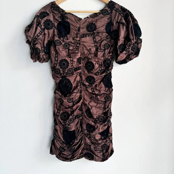 Free People Ruched Embroidered Puff Sleeve Mini Dress XS - Picture 6 of 9